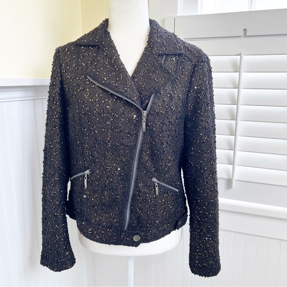 INC International Concepts Black & Bronze Sparkle Sequin Embellished Moto Jacket